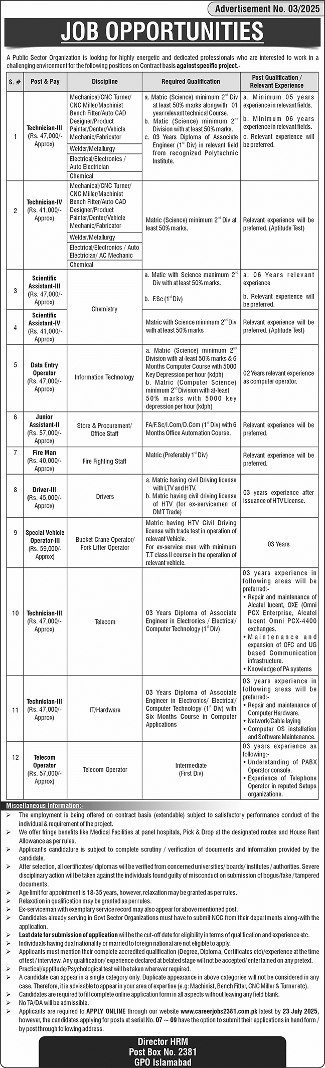 Jobs in Public Sector Organization Islamabad